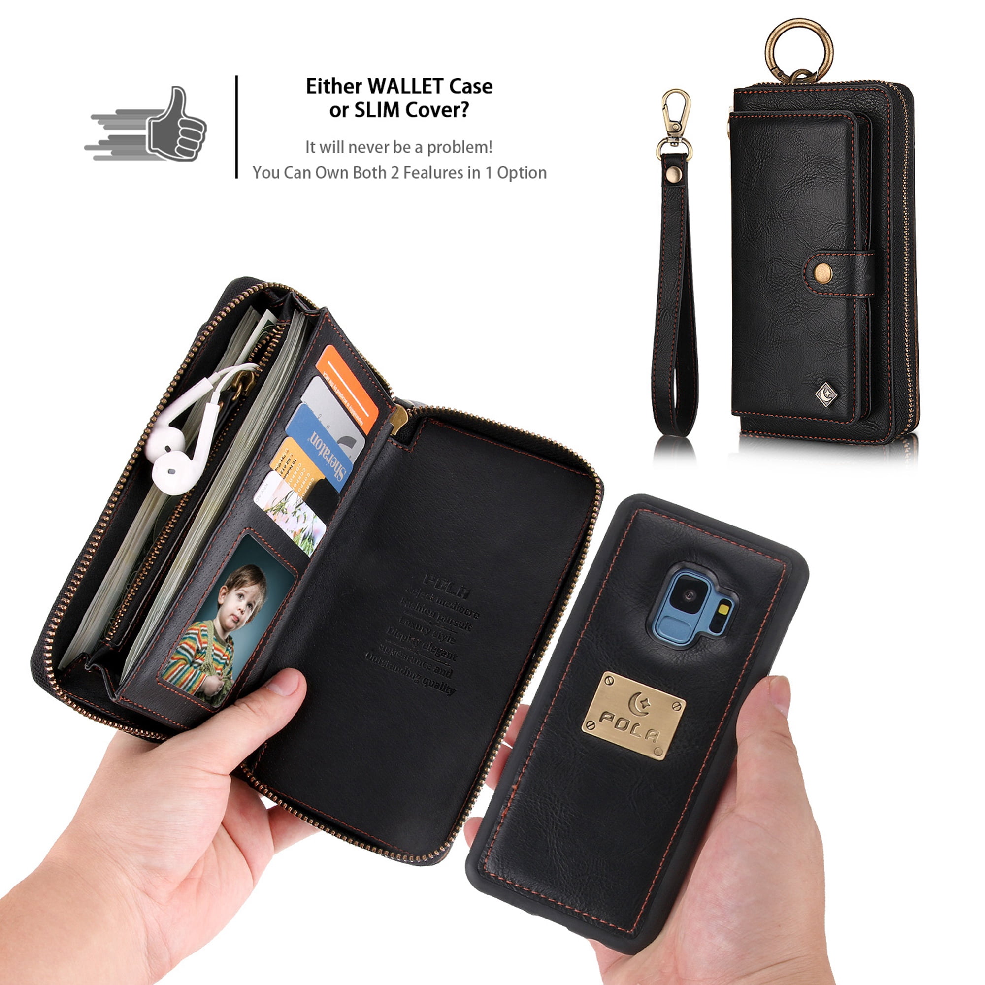 Galaxy S9 Wallet Detachable Case, Dteck [wrist band][14 Card Slots] Zipper Purse Phone Case Multi-functional Folio Flip PU Leather Removable Magnetic Back Cover For Samsung Galaxy S9,Black