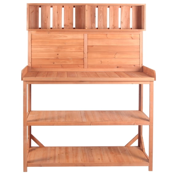 65" Rustic Natural Wooden Farmhouse Outdoor Potting Bench, Patio Garden Workstation with 4 Storage Shelves & Side Hooks