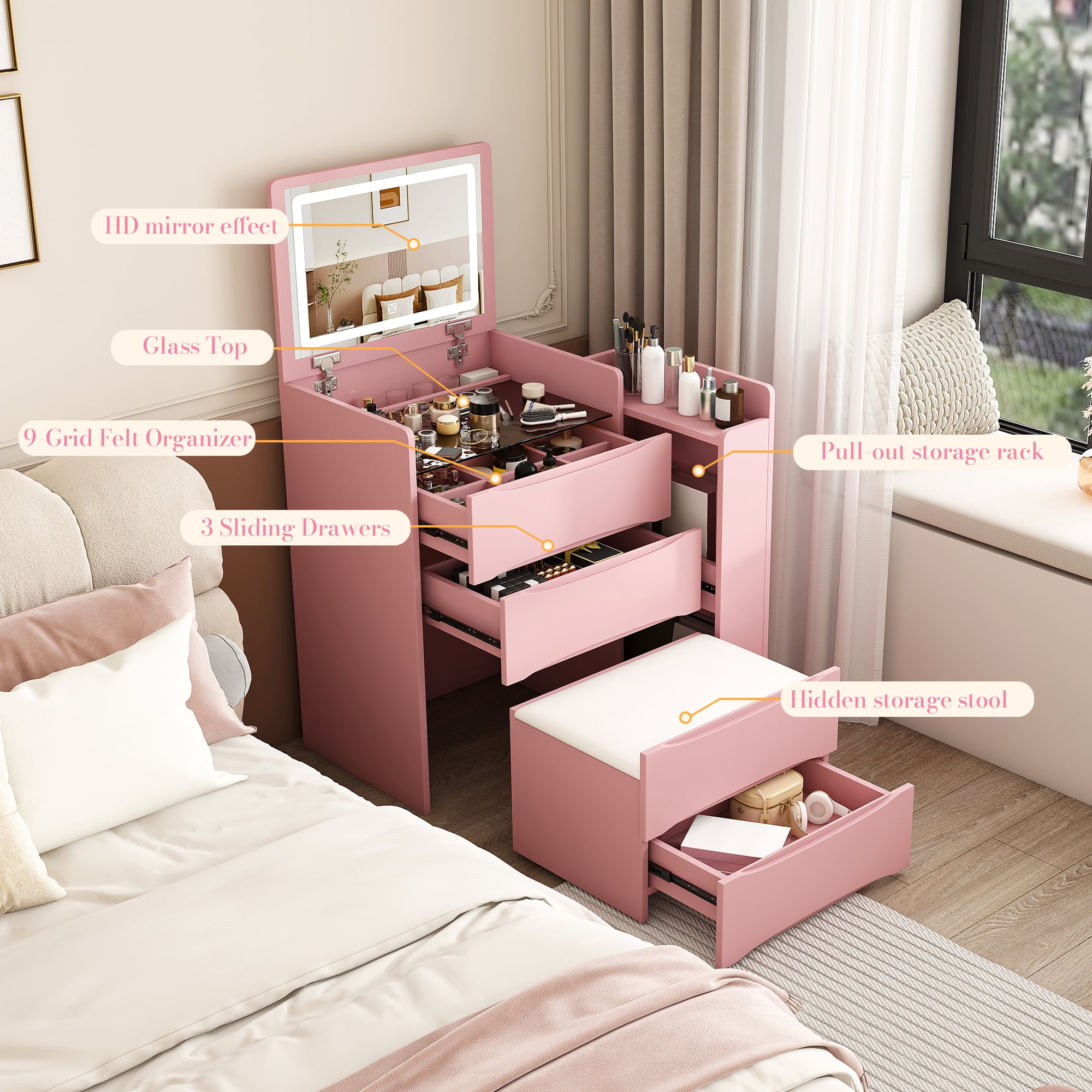 3-in-1 Flip Mirror Vanity Desk with Lights & Storage, Makeup Dressing Table with Adjustable LED, Side Sliding Tray and Stool, Space-Saving Furniture for Bedroom(Pink)