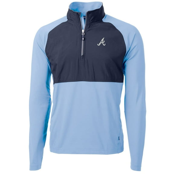 Men's Cutter & Buck Light Blue/Navy Atlanta Braves Adapt Eco Knit Hybrid Recycled Quarter-Zip Pullover Jacket