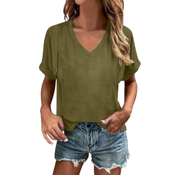 TEDOYE Women Tee Half Sleeve Classic V-Neck Solid Color Soft Everyday Basic Loose Cozy Pullover Shirt Comfortable Casual Top,Army Green,L