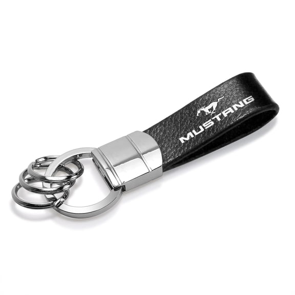 iPick Image for Ford Mustang Black Real Leather Strap Chrome Round Hook Metal Key Chain, Official Licensed