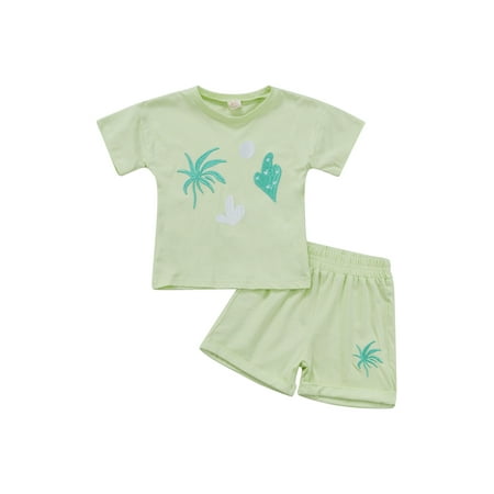 

Canrulo Toddler Girl Boy Summer Outfit 2pcs Embroidery Patterns Short Sleeve T-Shirt + Elastic Waist Shorts Pant Clothes Green 12-18 Months