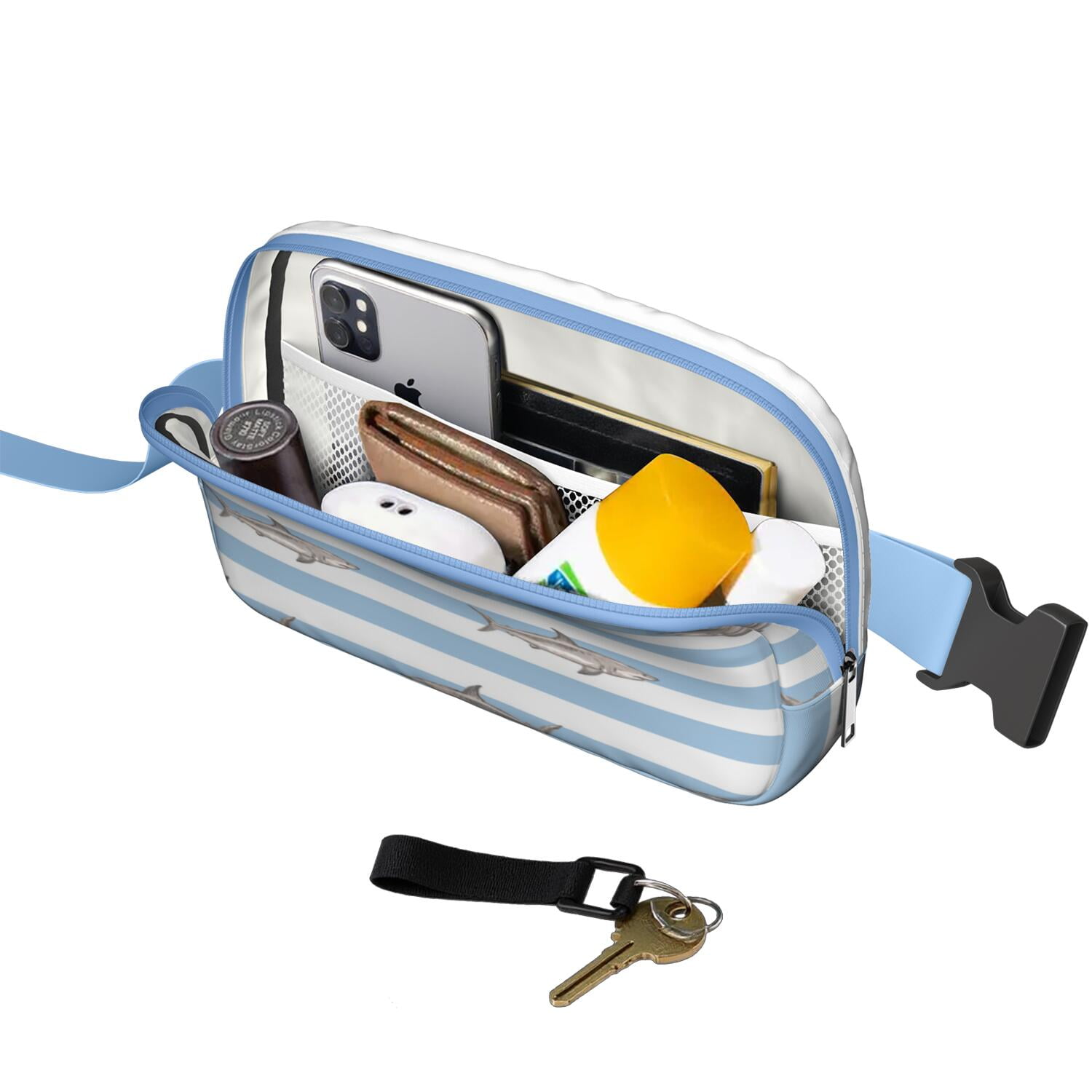 Underwater Marine Print Fanny Pack – Cute Cartoon Shark, Whale & Dolphin Waist Bag with Tropical Ocean Theme for Women