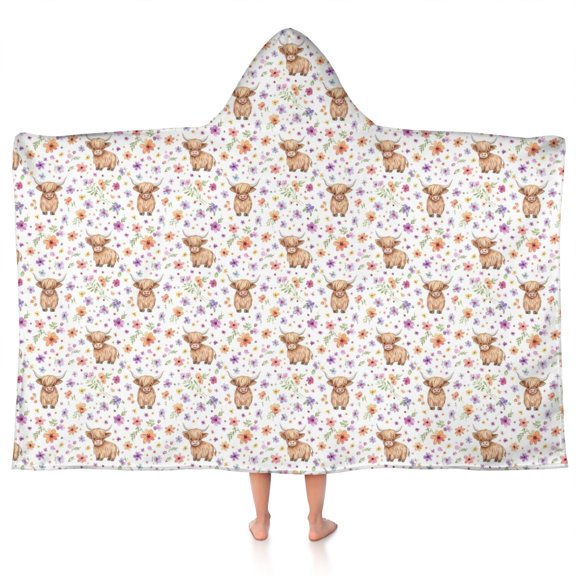 White Highland Cow Flower Pattern Hooded Bath Towel,50"x30" for Ages 3 To 12 Kids, Quick Dry Lightweight Soft Microfiber Hood Beach Towel Cover Up for Kids