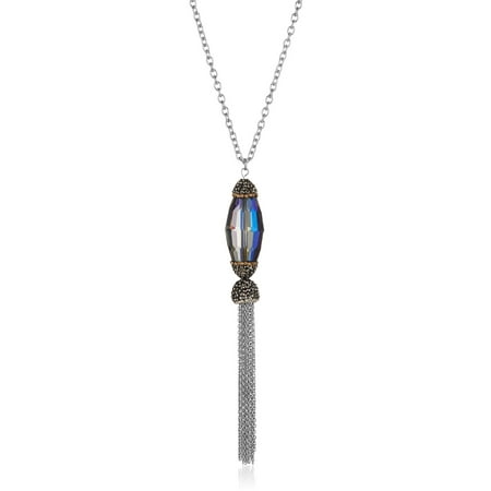 ELYA Faceted Blue Crystal Stainless Steel Tassel Pendant Necklace (3mm), 30