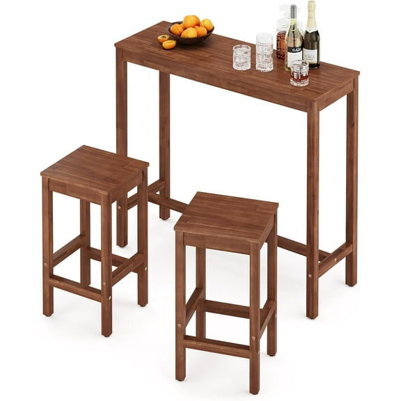 45 inch Bar Table and Chairs Set, Acacia Wood Pub Table with 2 Stools, Rectangular Counter Height Table Set for Dining Room, Kitchen, Living Room, Teak Brown