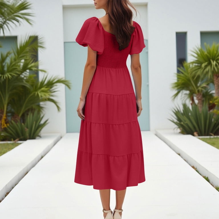 Red Womens Loose Fit Long Square Neck Spandex Dresses for Ladies Short Puff  Sleeve Midi Knee High Casual Plain Fall Summer 2025 Clothing Fashion L -  Walmart.com