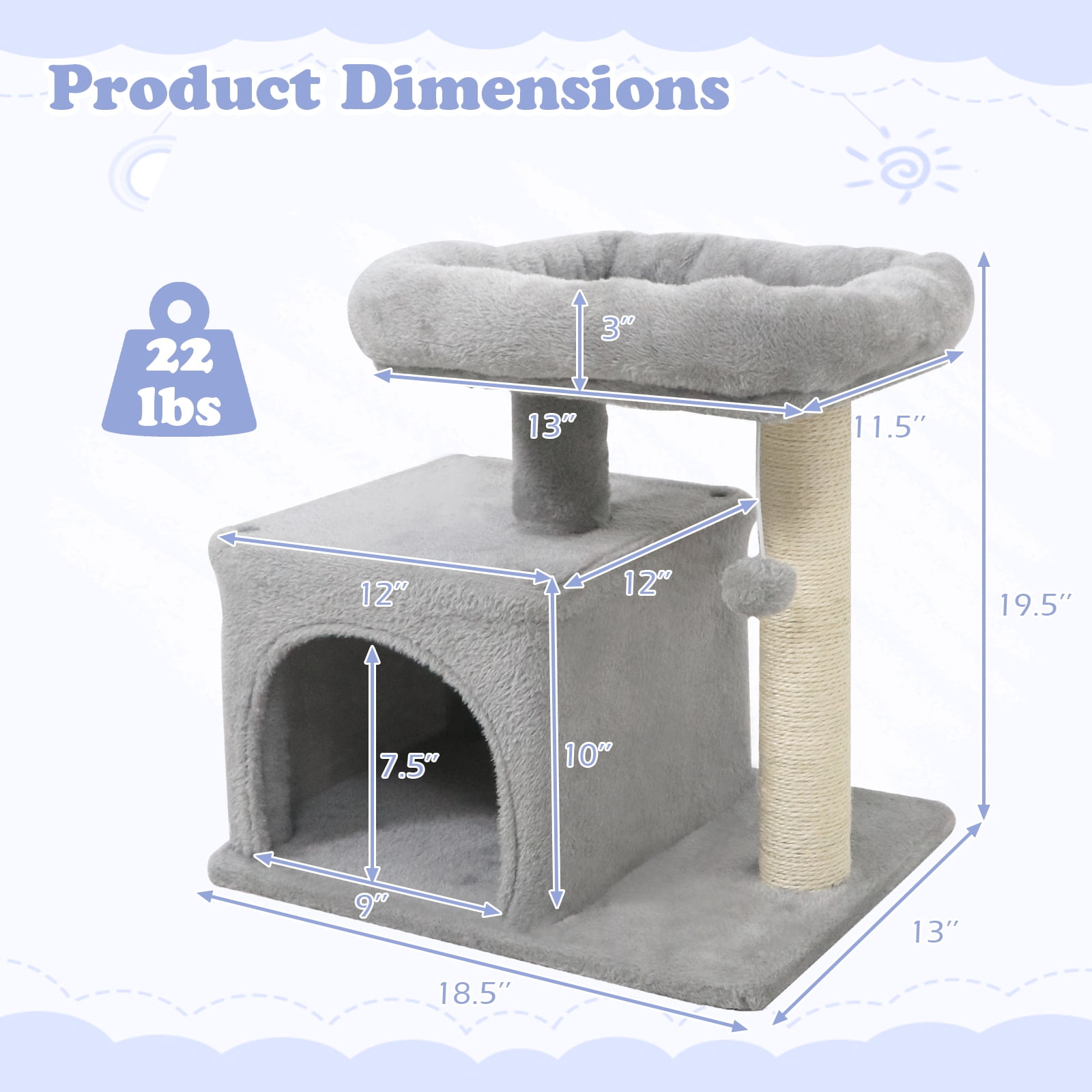 Gymax 19.5'' Small Cat Tree w/Large Padded Plush Perch Condo Sisal Scratching Posts Light Grye