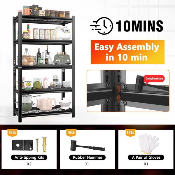 5-Layer Metal Storage Rack, Adjustable Height Storage Rack, 2000 Pound Load, Suitable For Garages, Kitchens, Supermarkets, Storage Rooms, And Gyms. Black, Requires Assembly