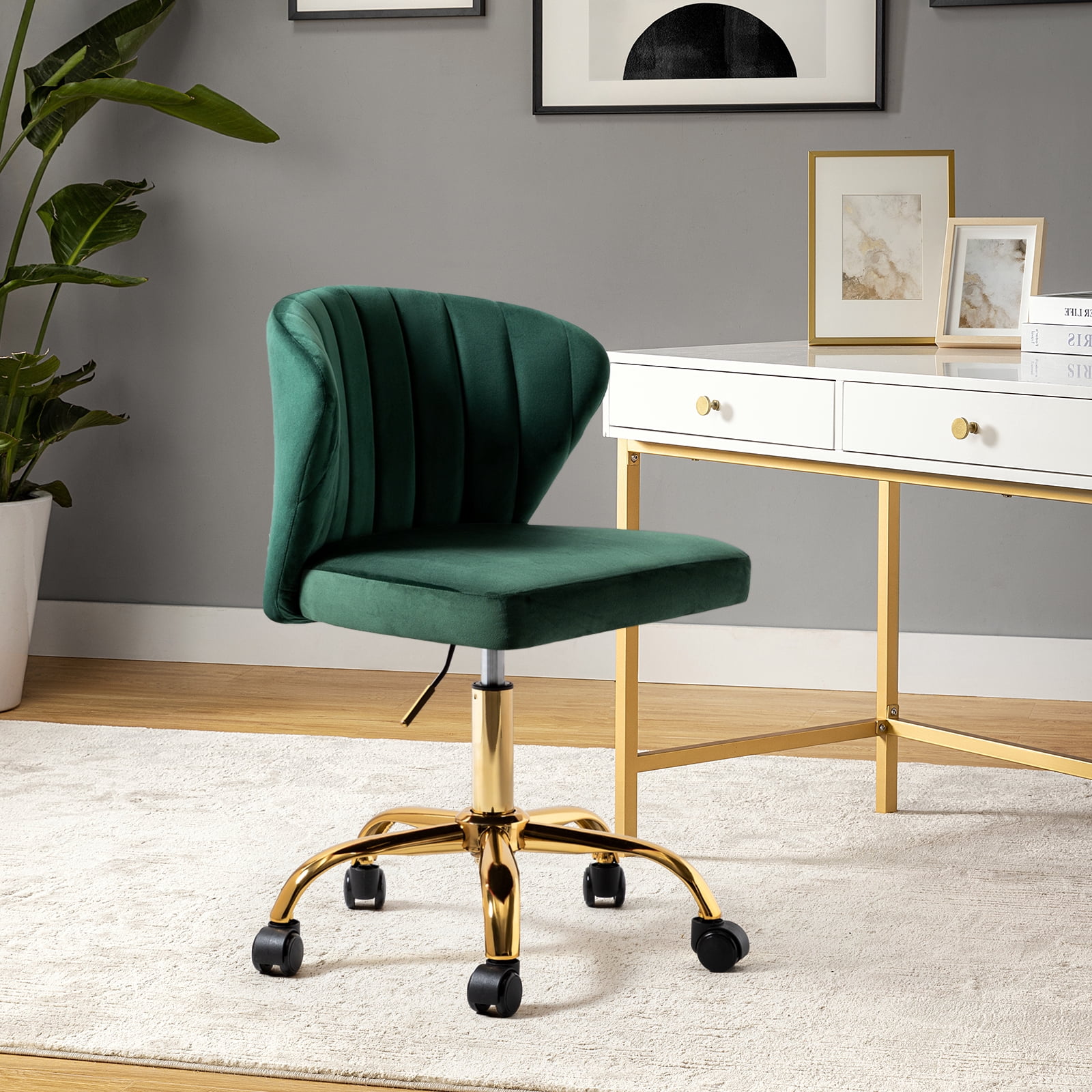 Velvet Swivel Task Office Chair, Tina's Home Adjustable Rolling Tufted Back Metal Leg Teen Green
