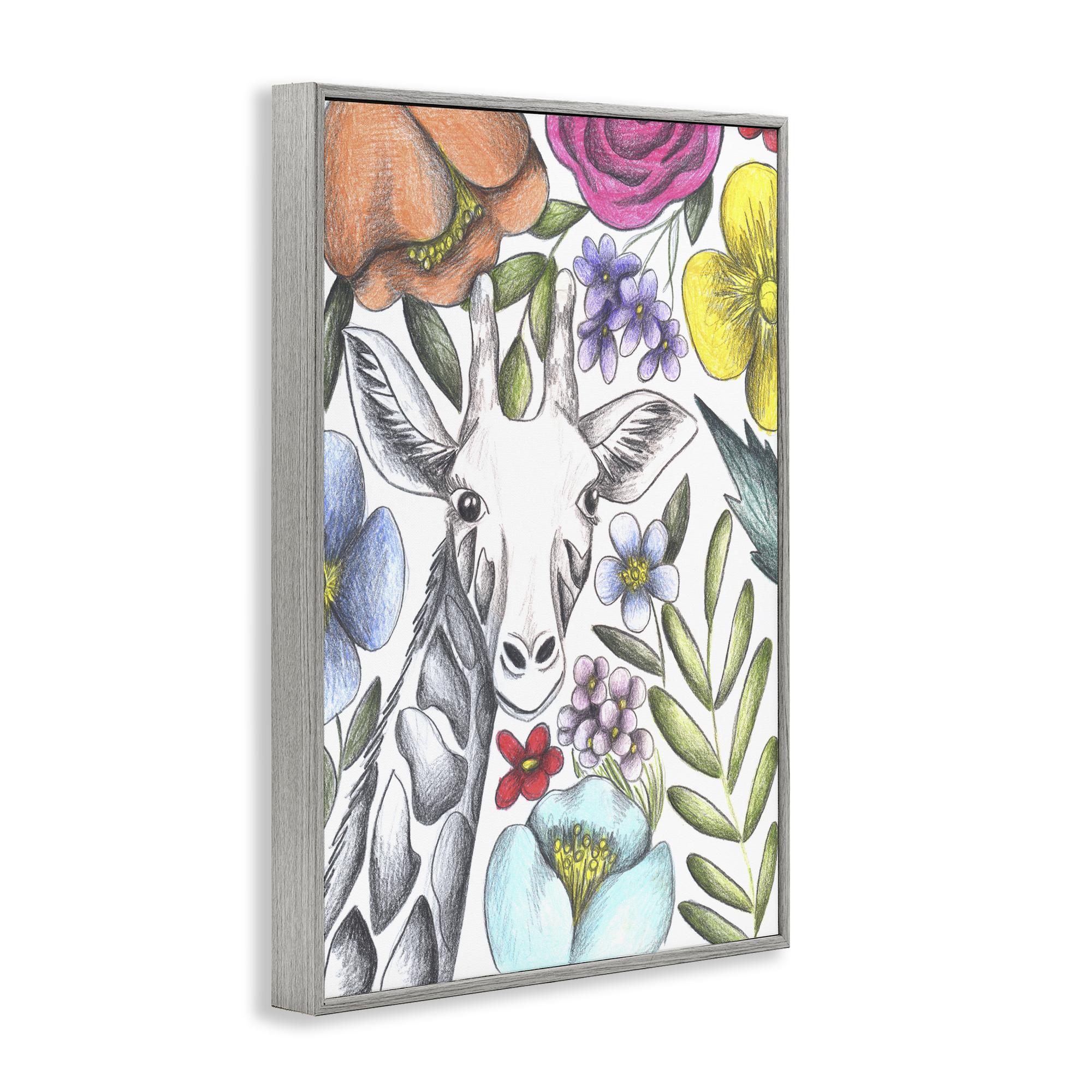 Giraffe In The Midst of Flowers Gray Framed Giclee Art, design by Cecilia Battaini