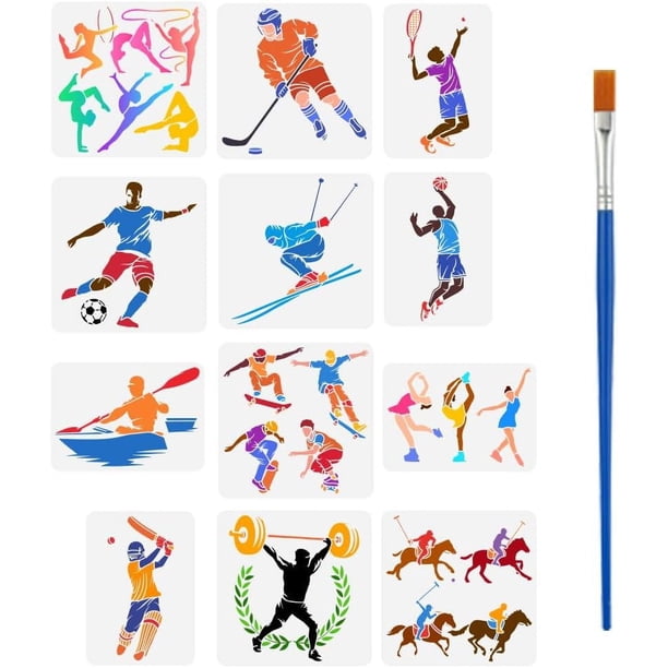 12 plantillas reutilizables para pintar atletas con pincel de bambú, ideales para competiciones deportivas, tenis, fútbol, baloncesto, béisbol, hockey sobre hielo, esquí y patinaje sobre hielo.