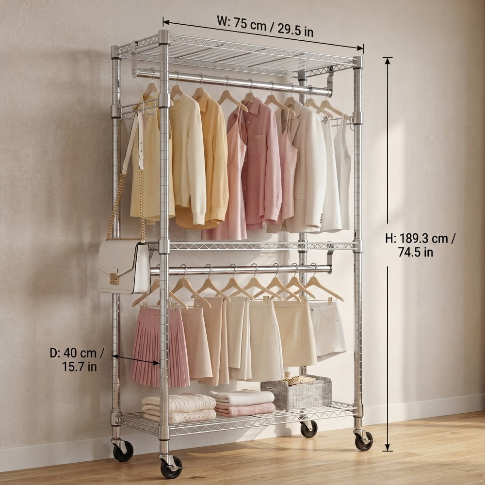 Heavy Duty Rolling Garment Rack, 3-Tier Adjustable Wire Shelving Clothes Rack with 2 Hanging Rods, Side Hooks & Lockable Wheels, Chrome