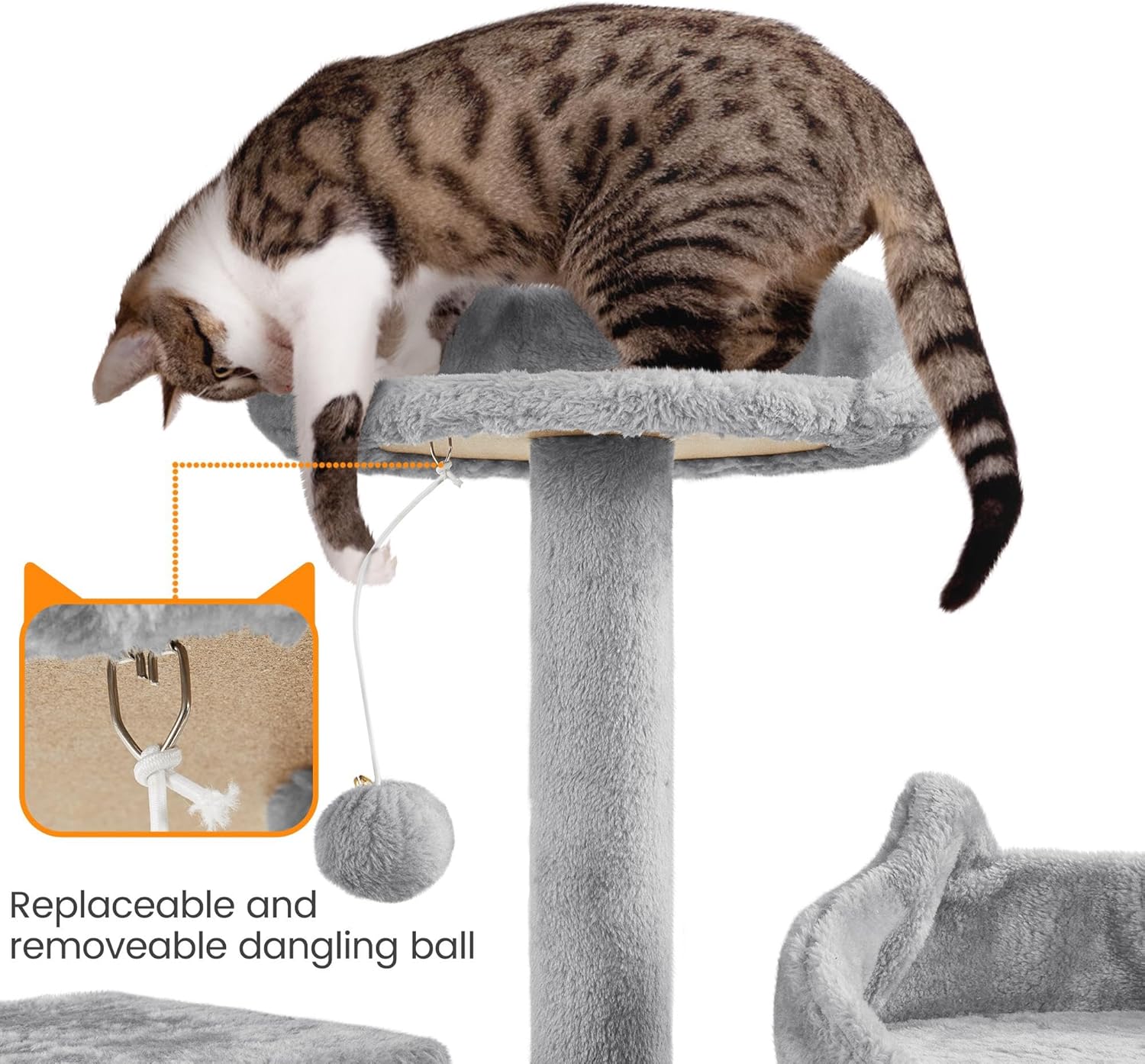 ZYPPP  XL Cat Tree, 72in Multi-Level Cat Tower with 2 Cozy Caves, 3 Soft Perches, Scratching Posts, Board, and Dangling Ball, Pet Furniture Play House for Kittens/Cats, Light Gray