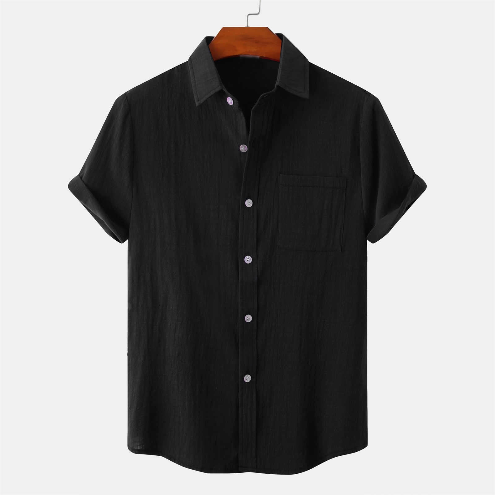 Men's Linen Cotton Tshirt Solid Short Sleeve Shirts Casual Button Down ...