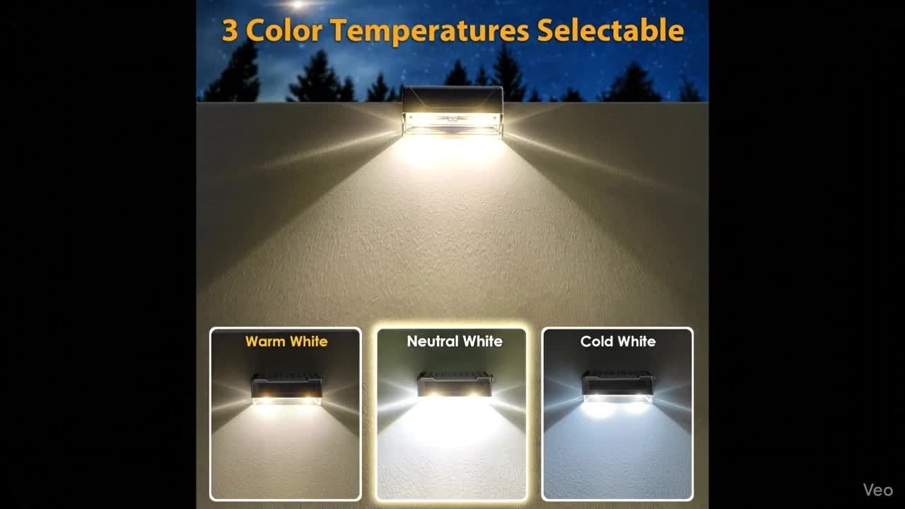 Solar Fence Lights Outdoor - 3000/4000/6000K 3 Mode, IP65 Waterproof Fence Lights Solar Powered, Dusk to Dawn Solar Light for Outside, Backyard/Step/Patio/Deck/Stair Railings and Wall