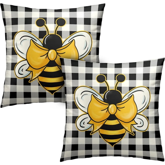 Yellow Bumble Bee Pillow Covers 18x18 Set of 2 Black White Buffalo Plaid Pillow Covers Summer Spring Themed Decorative Cushion Cases Home Decor for Couch Bed Holiday