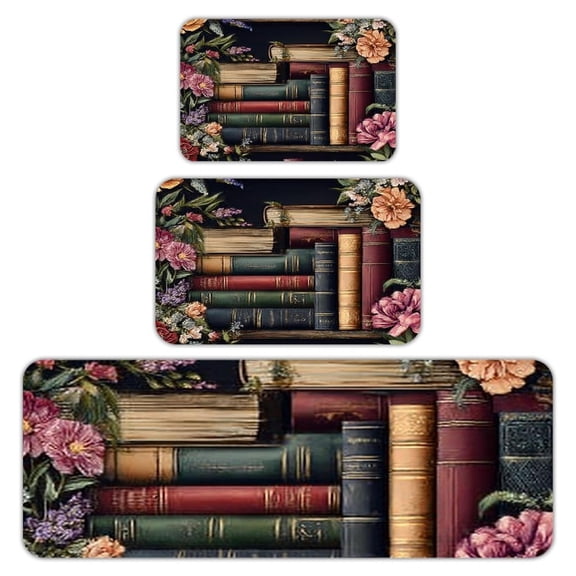 RKSupls Kitchen Rug Set 3 Piece Anti-Slip Flannel Floor Mats, Vintage Books Flowers Washable Absorbent Runner Mats for Kitchen Bathroom Home Decor