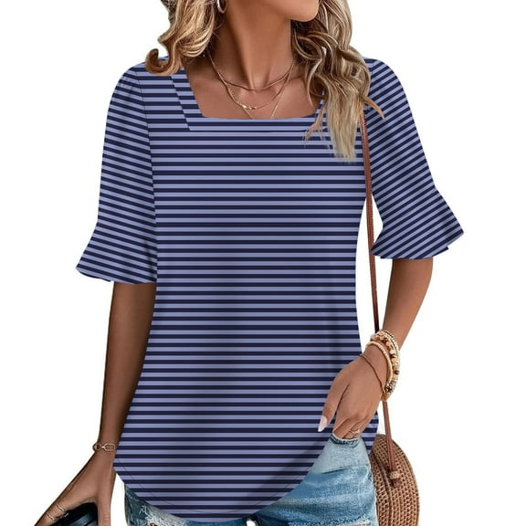 SYMOID Womens Summer Striped Casual Short Sleeve Blouse for Misses,Dark Blue,Size L