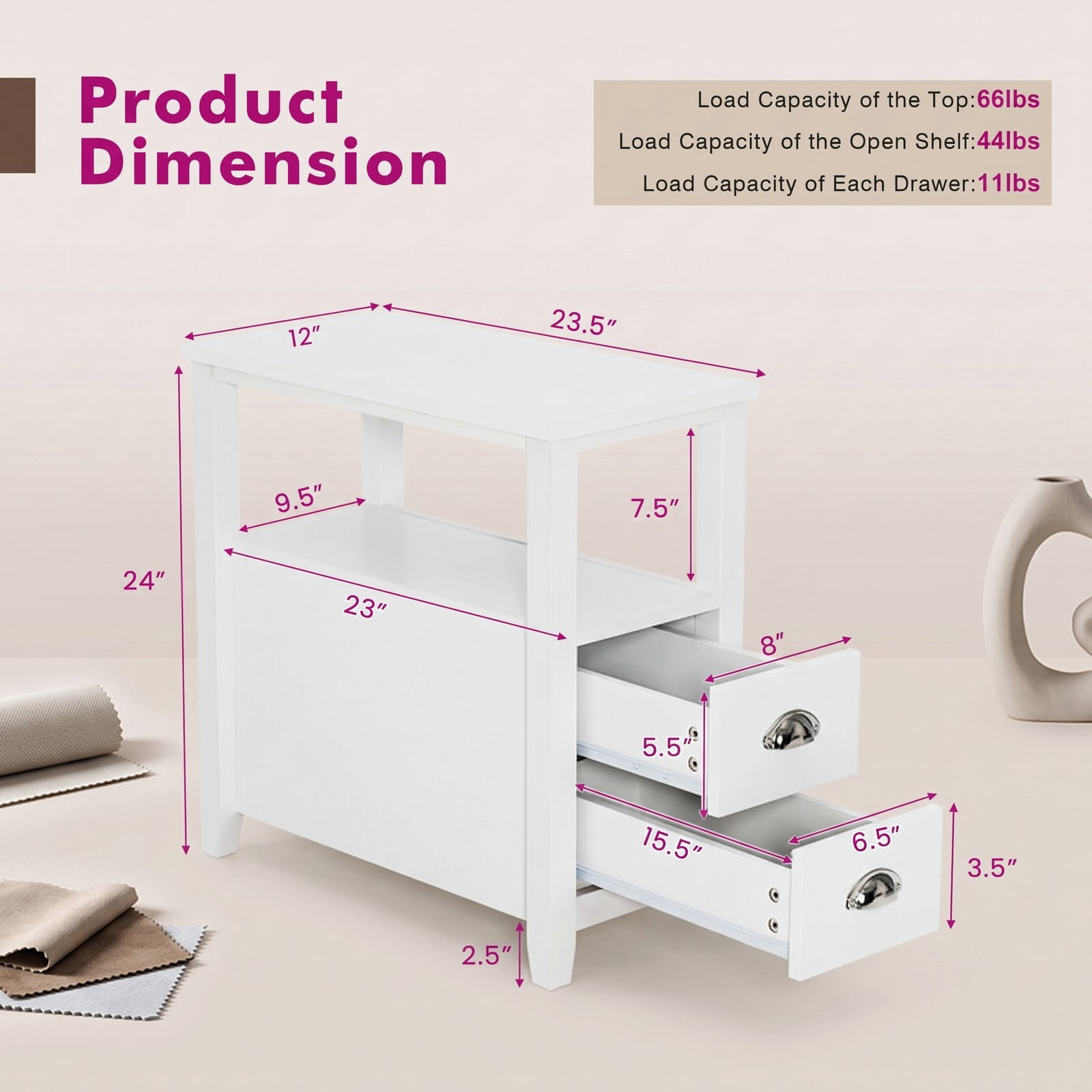 Furnibear Set of 2 Wooden Bedside Nightstands with 2 Drawers and Open Shelf for Bedroom Living Room and Guest Room, White