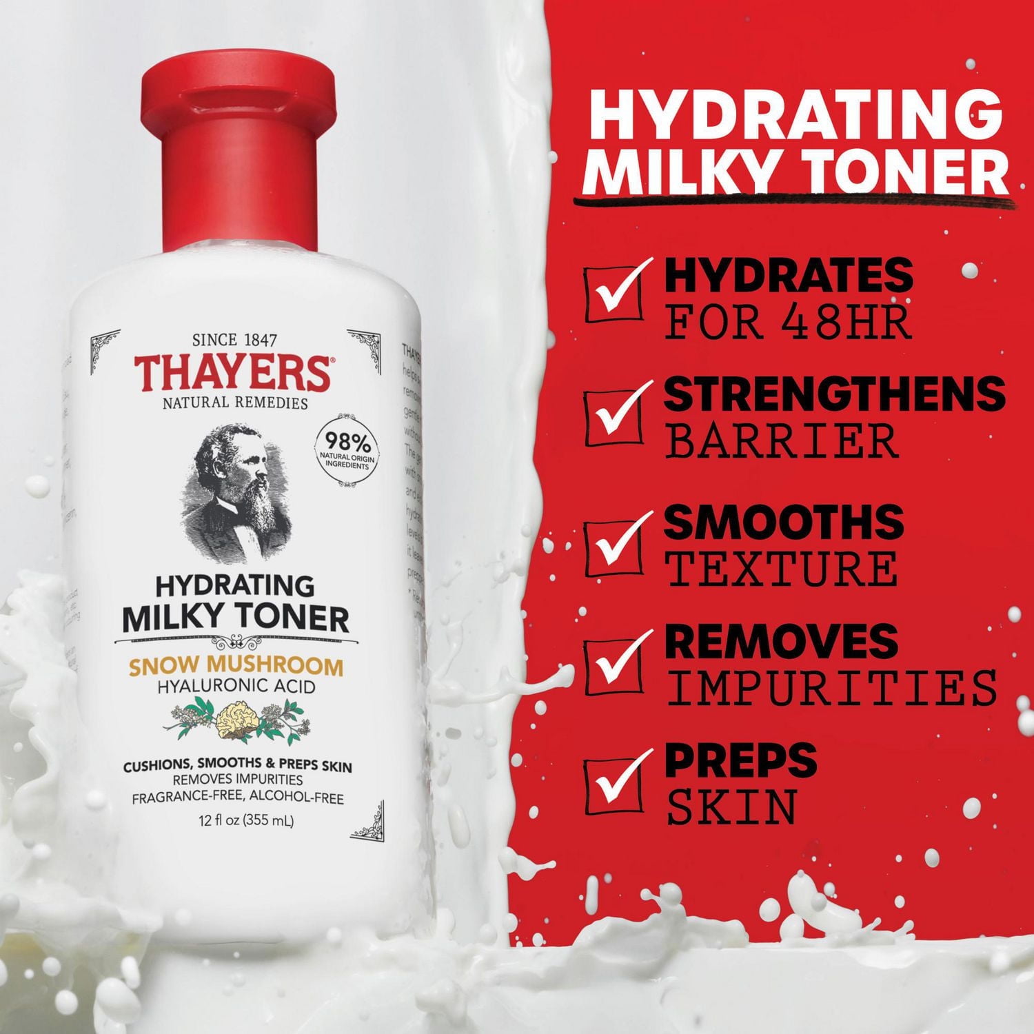 Thayers Hydrating Milky Toner Skin Care with Snow Mushroom and Hyaluronic Acid, Natural Facial Toner, 355 ml