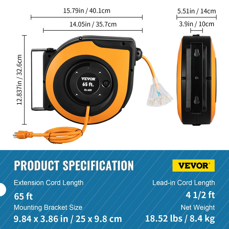 VEVOR Retractable Extension Cord Reel, 65 ft, Heavy Duty 12AWG/3C
