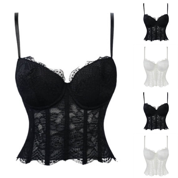 Corset Tops For Women Spaghetti Strap Lace Mesh Push Up Corsets Solid Color Slimming Bustier Crop Tops (XS, Black)
