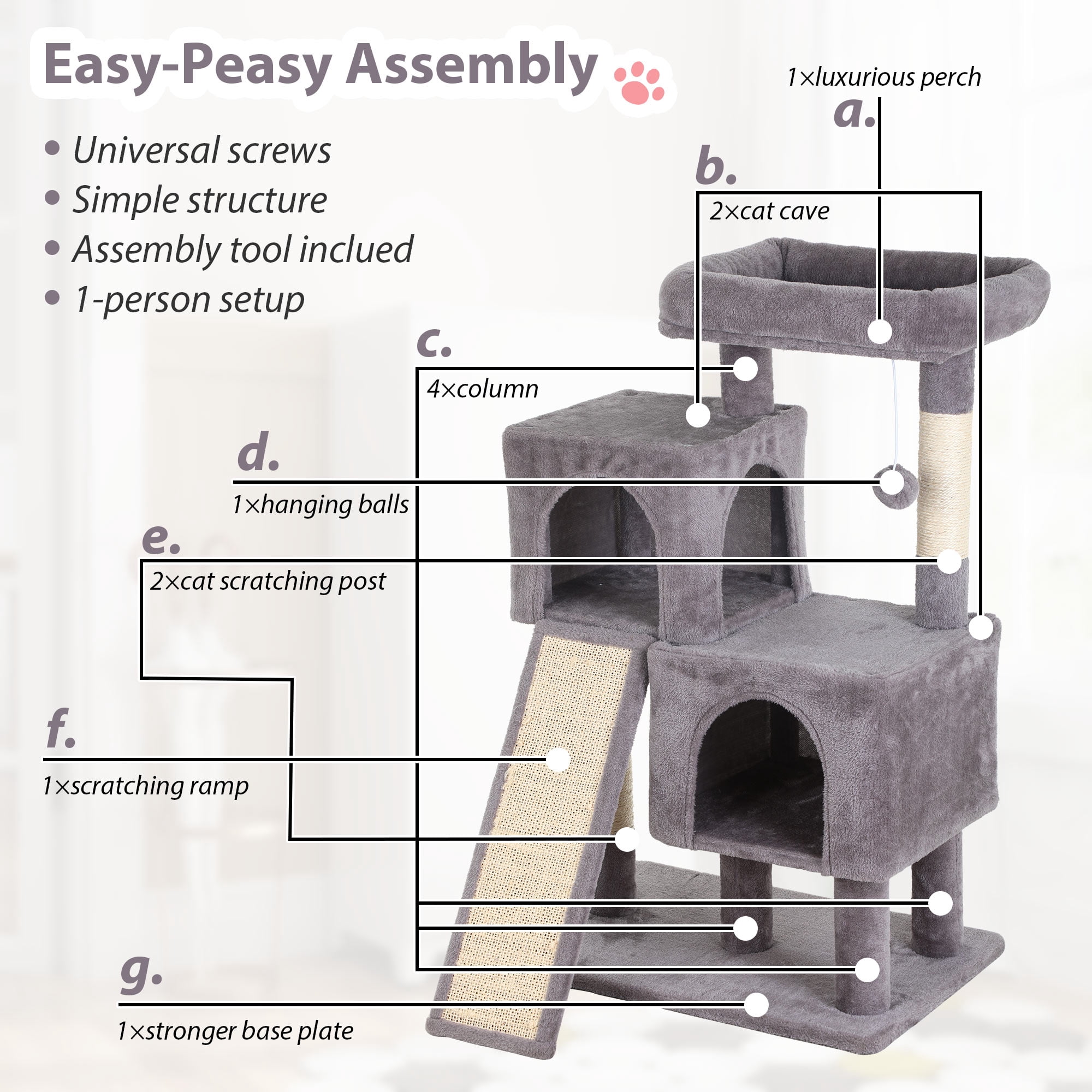 CL.HPAHKL Modern Small Cat Tree Tower with Dual Condos, 36 Inches Cat Tower with Scratching Post Multi-Level Cat Furniture Condo with Ramp for Indoor Cats Cat Cave Beds for Kittens, Ashy