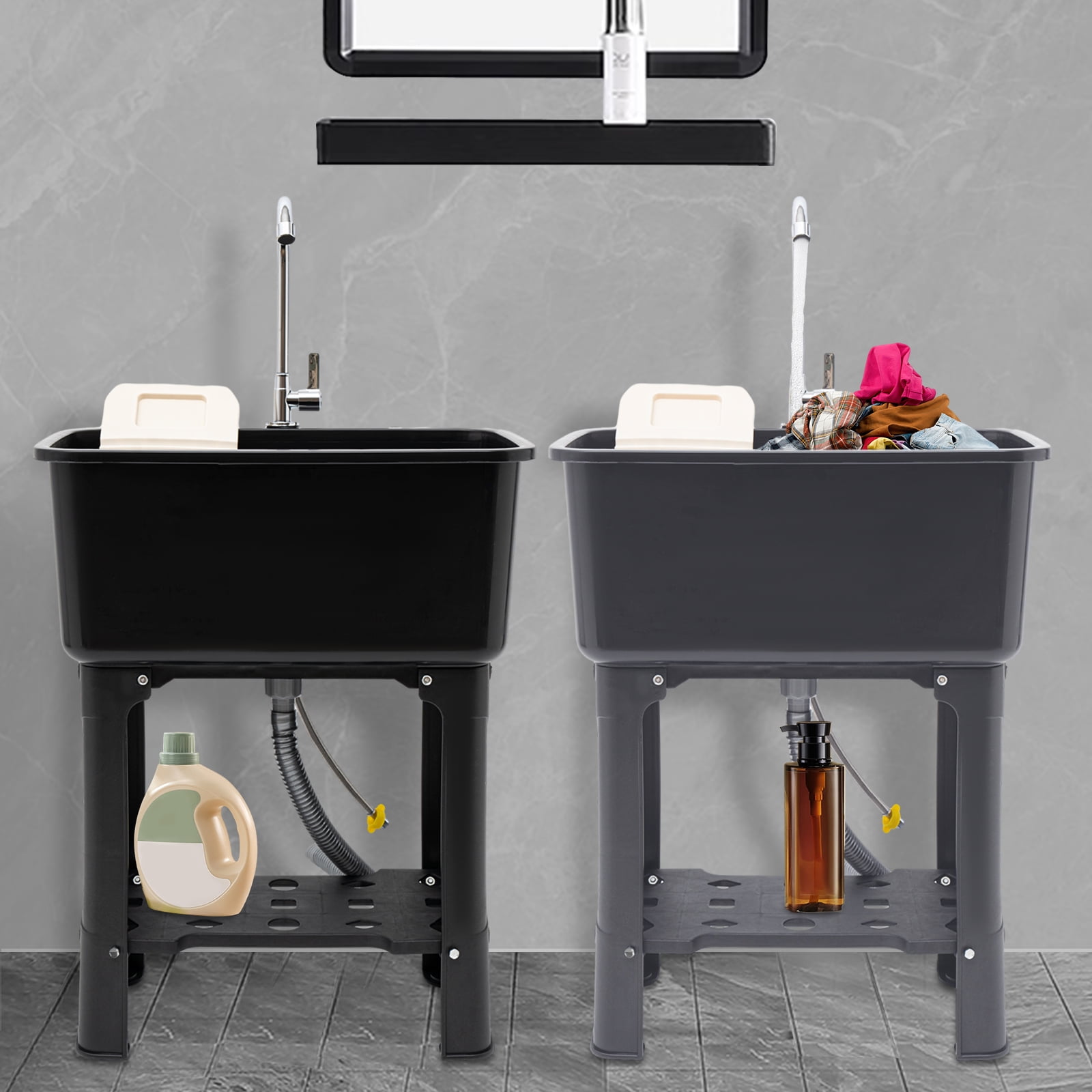 ToppiJoy Freestanding Utility Sink with 360° Rotating Faucet, Modern Black Design, Large Capacity for Laundry, Pets & Commercial Use