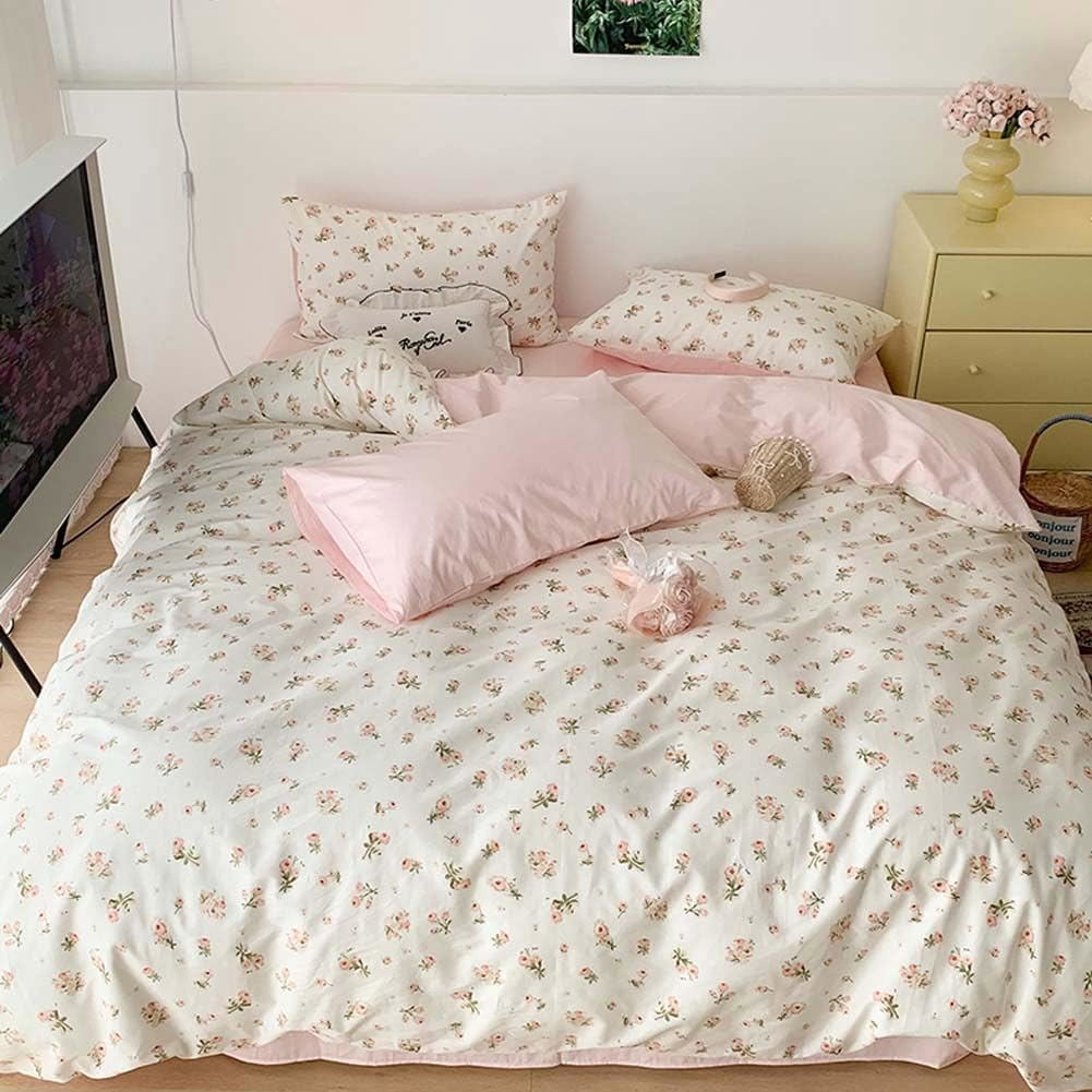 Floral Duvet Cover Set Full Size White Pink Floral Bedding Duvet Cover with Flowers Pattern Soft Microfiber Comforter Cover