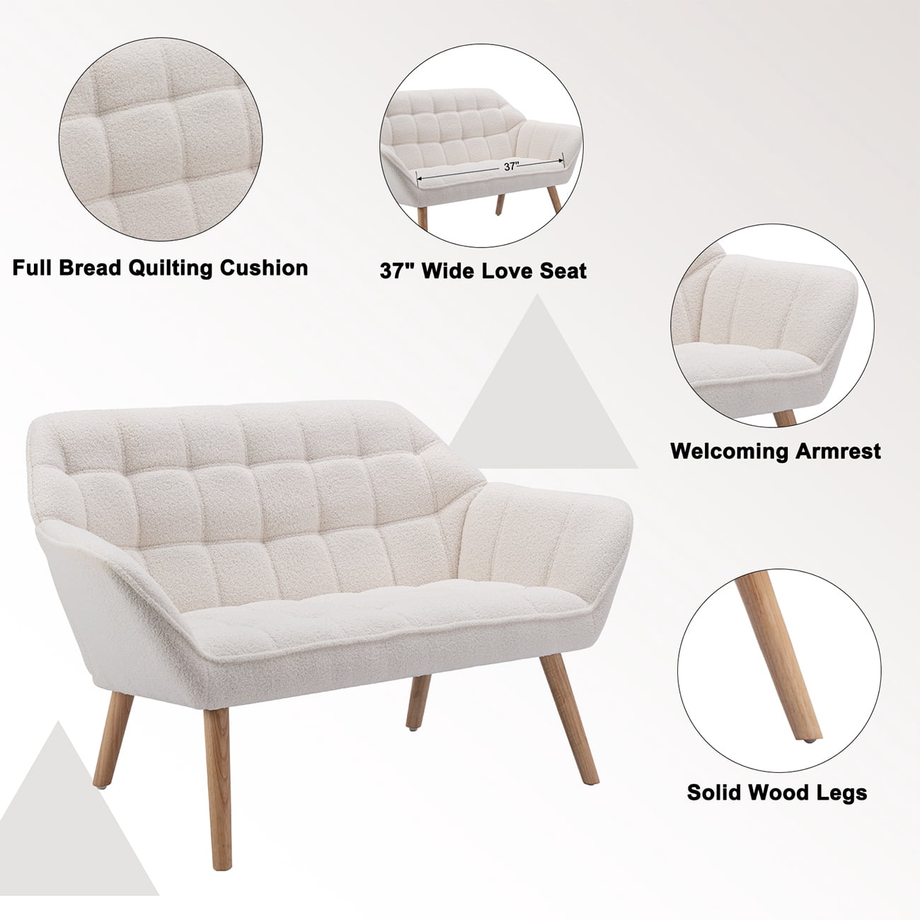 Guyou Small Loveseat Sofa, Modern Sherpa 2-Seater Mini Sofa Couch with Quilted Back and Armrests, Cute Accent Chair with Wooden Legs for Living Room Bedroom Apartment, White