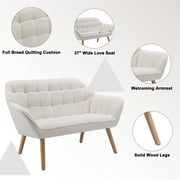 Guyou Small Loveseat Sofa, Modern Sherpa 2-Seater Mini Sofa Couch with Quilted Back and Armrests, Cute Accent Chair with Wooden Legs for Living Room Bedroom Apartment, White