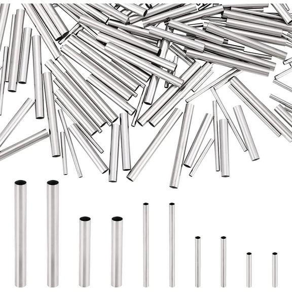 200pcs 5 Sizes Metal Long Tube Beads 10mm/15mm/20mm/25mm/30mm Noodles Beads Stainless Steel Straight Tube Spacer Beads