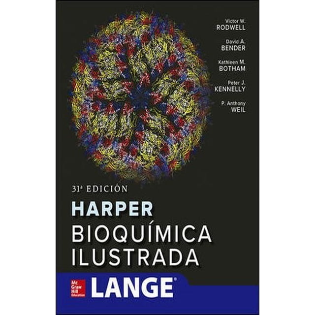 harper bioquimica ilustrada mcgraw-hill victor rodwell portada frontal con fondo negro, ilustración circular multicolor tipo fibra en la parte superior, texto grande blanco "HARPER BIOQUÍMICA ILUSTRADA" y leyenda "31ª edición", barra azul inferior con logo LANGE y marca McGraw Hill; dirigido a lectores jóvenes y estudiantes de bioquímica.