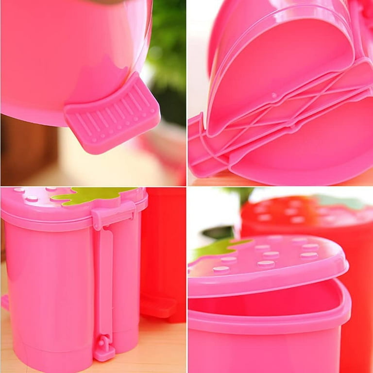 Cute Pink Red Strawberry Waste Bin Desktop Portable Plastic Mini Garbage  Basket Home Bedroom Storage Bucket Trash Can With Lid