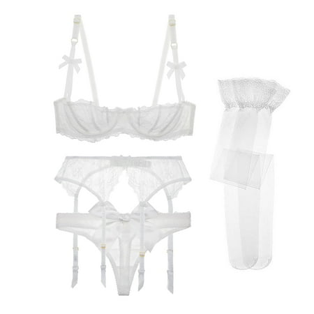 

Varsbaby Lace Unlined Balconette Demi-Cup Bra Thongs Garter Belt and Stockings for Women