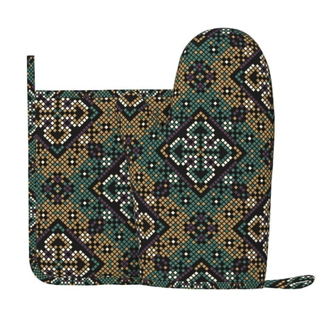 

Ethnic Pattern Oven Mitts Pot Holders Set Non-Slip Cooking Kitchen Gloves Washable Heat Resistant Oven Gloves for Microwave BBQ Baking Grilling