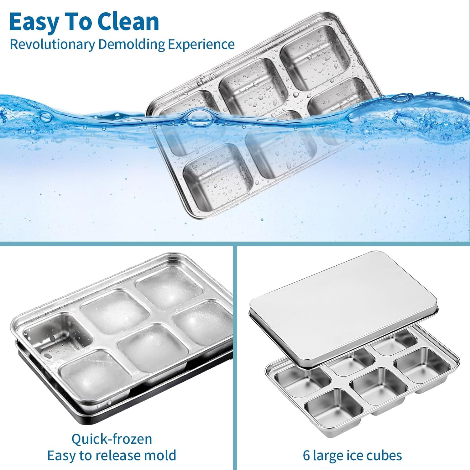 Stainless steel ice cube tray for quick ice retrieval, 6-compartment large ice cube maker, and baby food box - single (1)