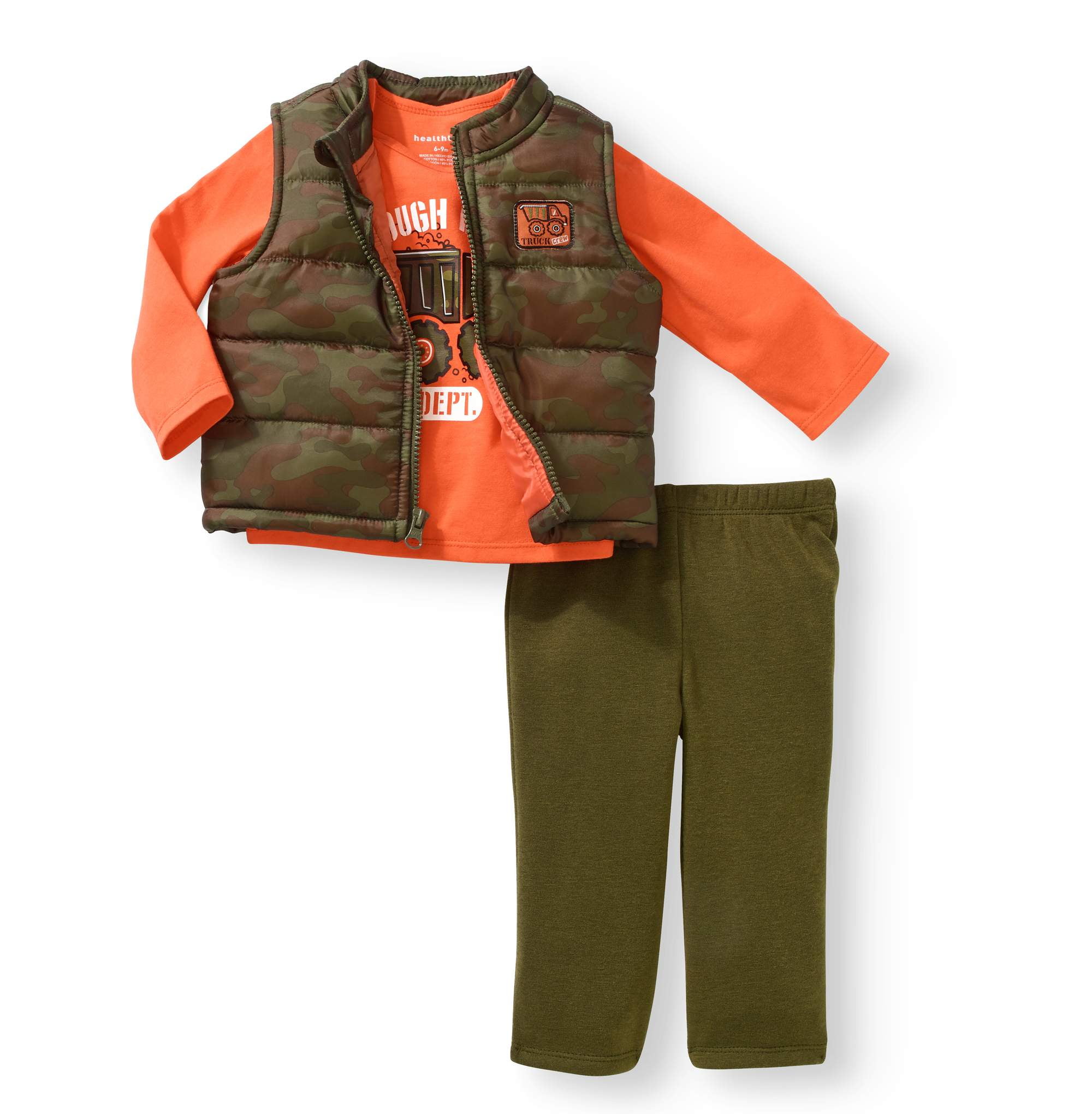 Newborn Baby Boy Puffer Vest, Graphic Tee and Pant 3pc Set