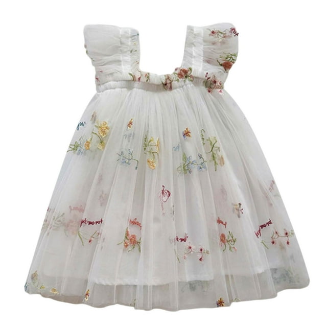 SXcggal One Robe Princesse Brodée à Manches Volantes pour Filles Tout-Petits Robe de Danse de Fête Florale Vêtements Respirants Mignons