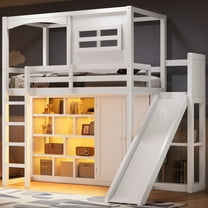 Euroco Wood Twin Size Loft Bed with Bookcase and Wardrobe, House Bed with LED Light and Slide, White
