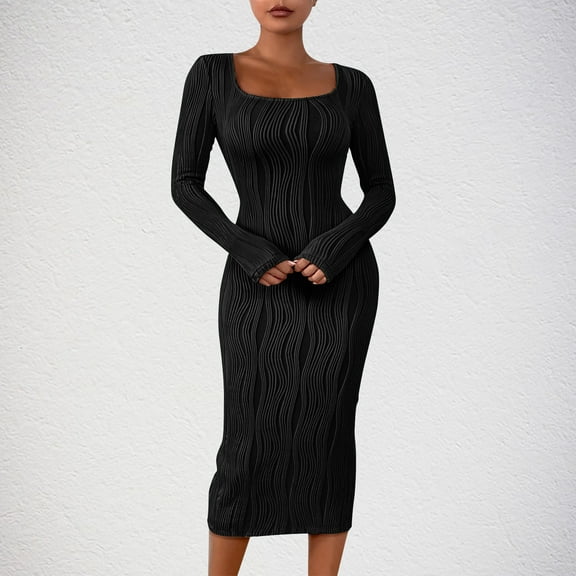QUNYINEY Long Sleeve Womens Dresses Striped Casual Bodycon Dress Split Square Neck Midi Wrapped Dress