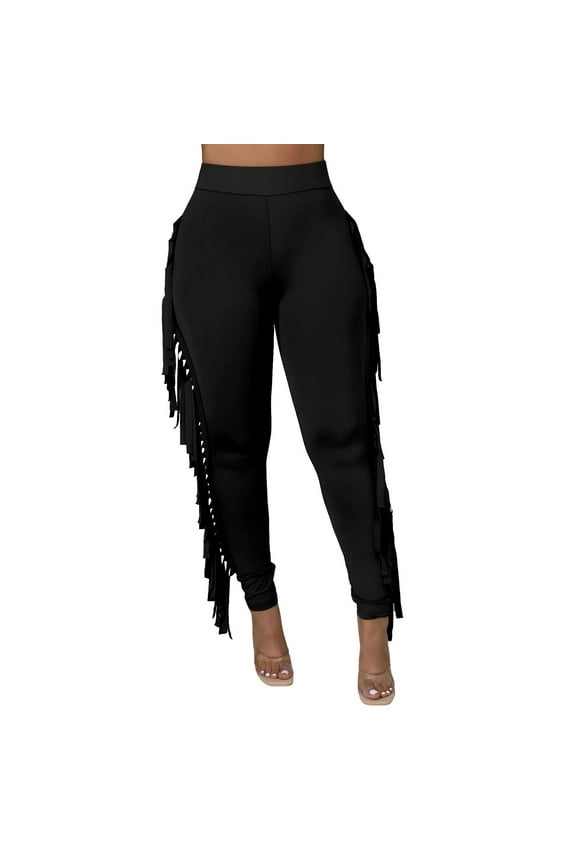 Women's Casual High Waist Fringed Pants Elastic Waist Skinny Leggings Tights Tassels Side Long Lounge Pants Trousers