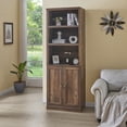 thumbnail image 2 of Euroco 1 Doors Bookshelf with USB Port and 3 Open Shelves Bookcase Side Cabinet Storage Shelves, Rustic Brown, 2 of 7