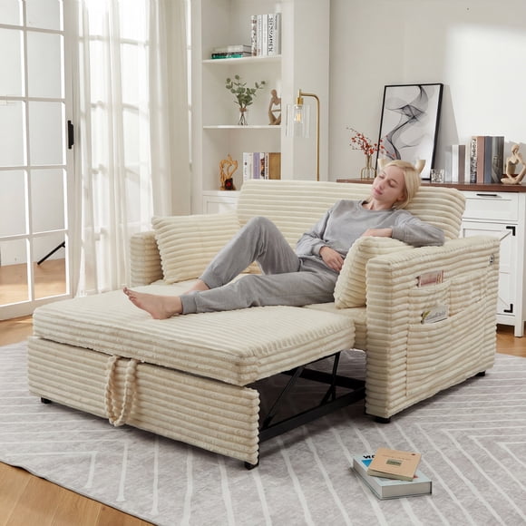 Convertible Corduroy Loveseat Sleeper Sofa Bed – Pull-Out Bed, Adjustable Backrest, Built-In USB Charging Station & Side Pockets, Modern for Living Room, Bedroom, Apartment