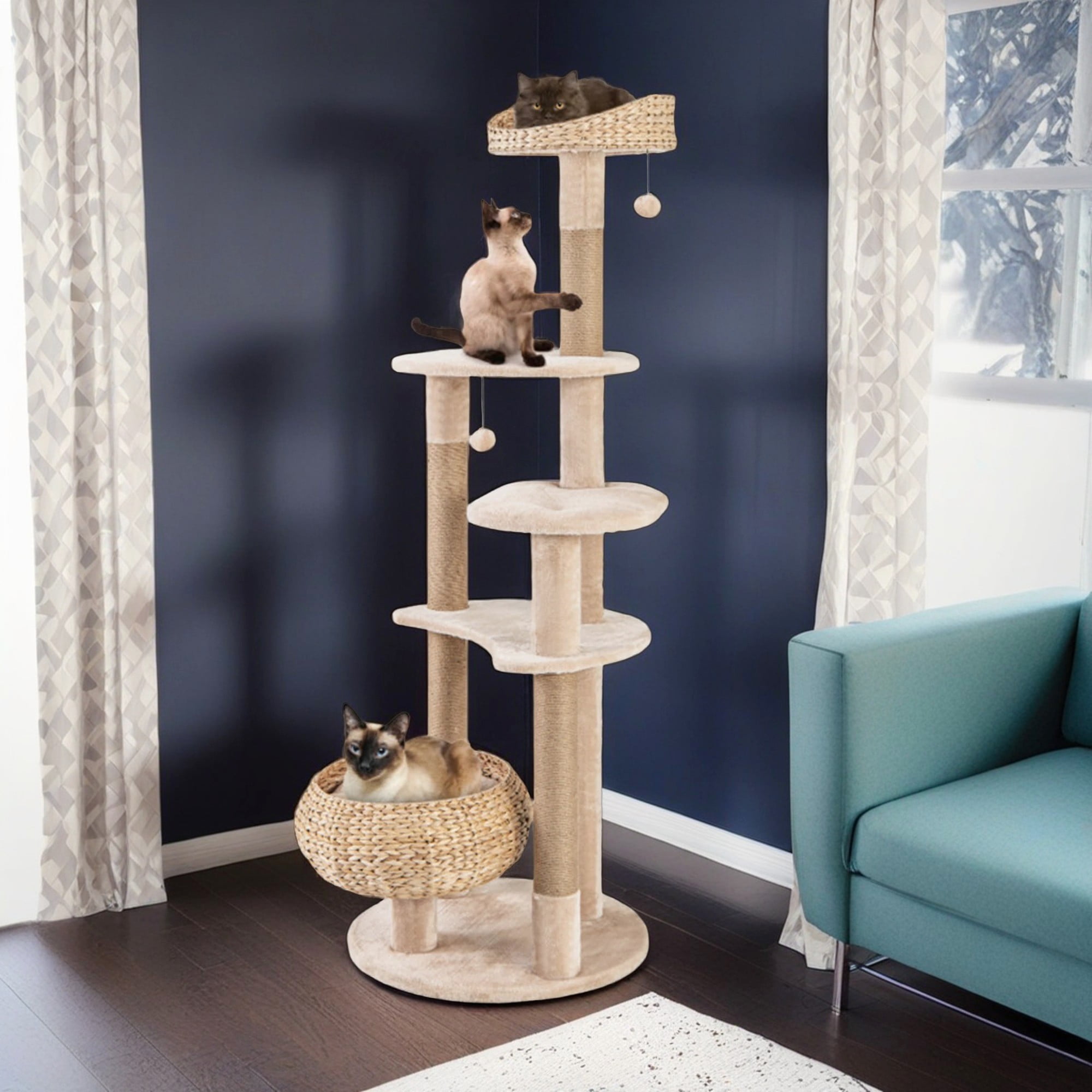 Kadyn 63" Cat Tree Tower for Indoor Cats, Cat Condo for Large Cats, Modern Cat Tree House Manual Hand Woven with Sisal, Cat Scratching Post, Beige