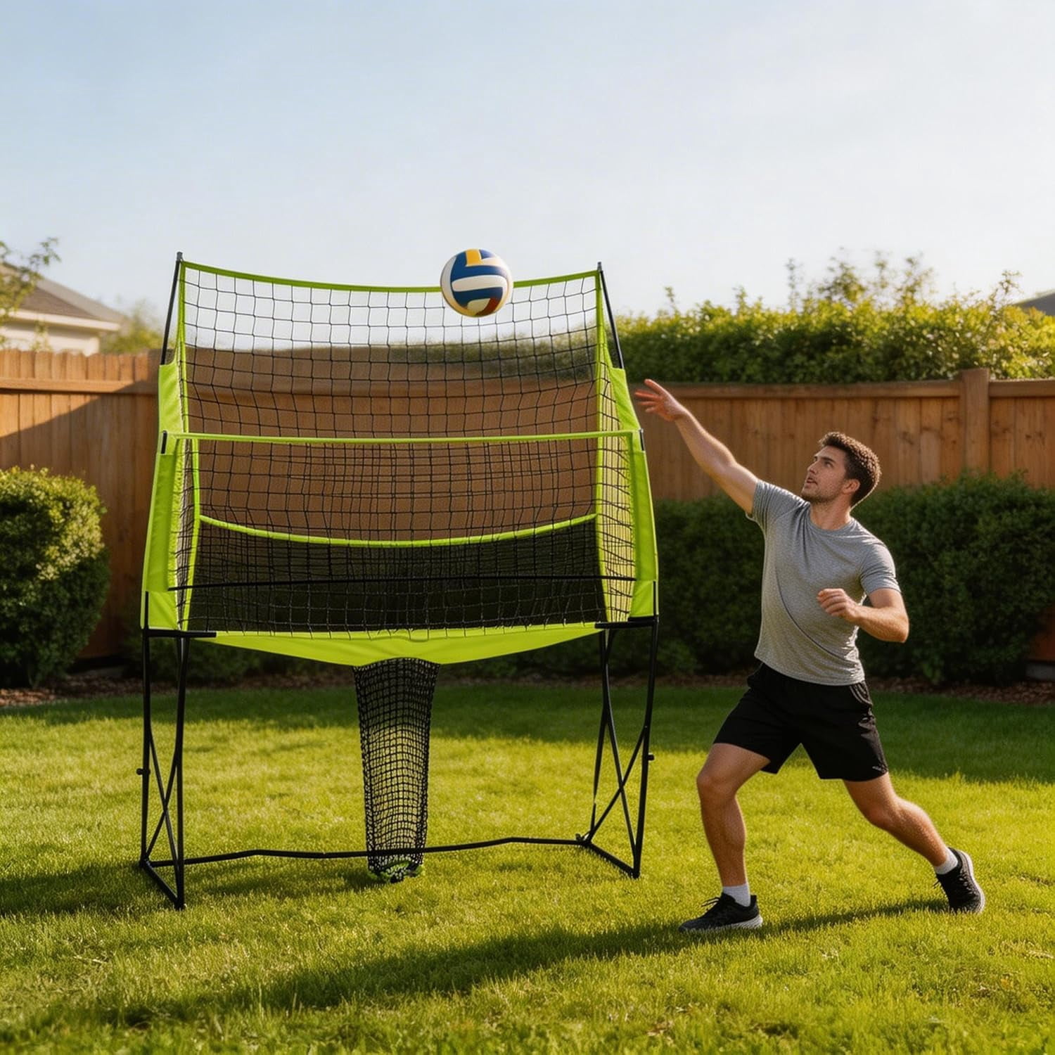 Portable Volleyball Practice Net System, Adjustable 8ft/7ft 3in/6ft 6in Heights, Steel Frame with Carry Bag, Green, Indoor & Outdoor