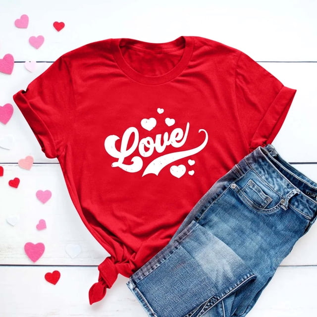 KIHOUT Hauts de Mode pour Femmes Saint-Valentin T-shirt à Manches Courtes Imprimé Amour Couleur Unie Haut à Manches Courtes Col Rond, Taille p-3TG