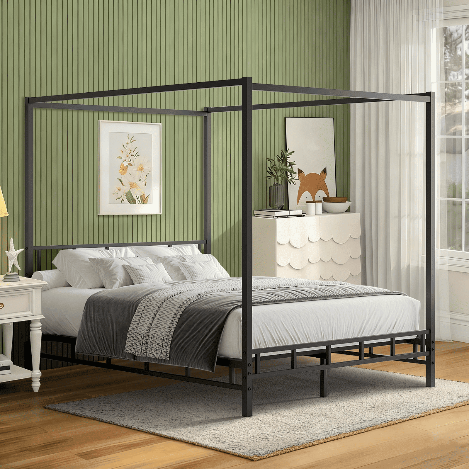 4 EVER WINNER Queen Size Detachable Metal Canopy Bed Frame, Modern Black Platform Bed with Noise-Free Slat Support, No Box Spring Needed, Underbed Storage, Tool-Free Quick Assembly